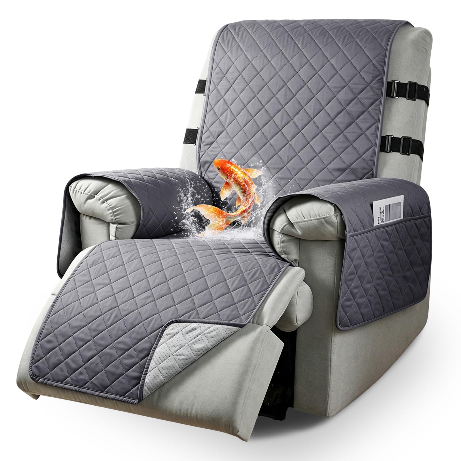 aolceth Recliner Chair Cover with Side Pockets, Slipcover 2 Elastic Straps, Non-Slip Armchair Protector for Families Pets/Kids, Washable Sofa Cover, Dark Gray