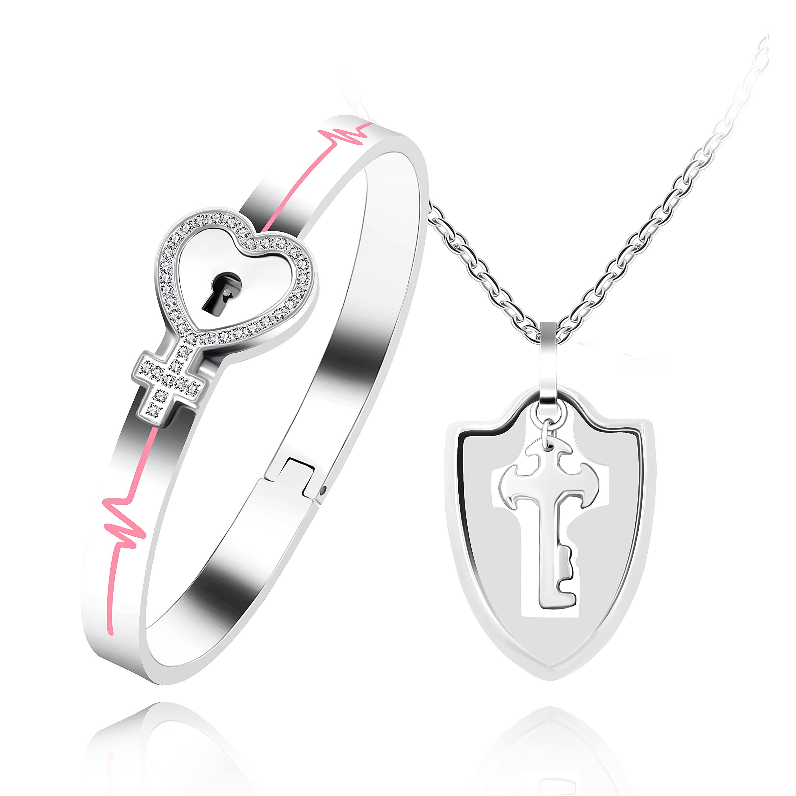 Uloveido Stainless Steel Key Necklace and Lock Bracelet for Men Women Y1481 (White)