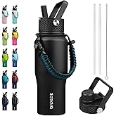 BJPKPK Insulated Water Bottles with Straw Lid, 23oz Metal Water Bottle with 2 lids & Paracord Strap, Double Wall Stainless Steel Vacuum Tumblers, Cups, Mugs, Thermo for Hot& Cold Drinks, Black
