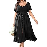 CICIDUDU Plus Size Casual Maxi Dresses for Curvy Women Short Sleeve Empire Waist Smocked Wedding Guest Dress Button Down