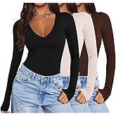 Ekouaer Deep V Neck Shirts for Women Low Cut Long Sleeve Tops Slim Fit Basic Cleavage Tees Deep Plunge Thermal Tshirts XS-XXL