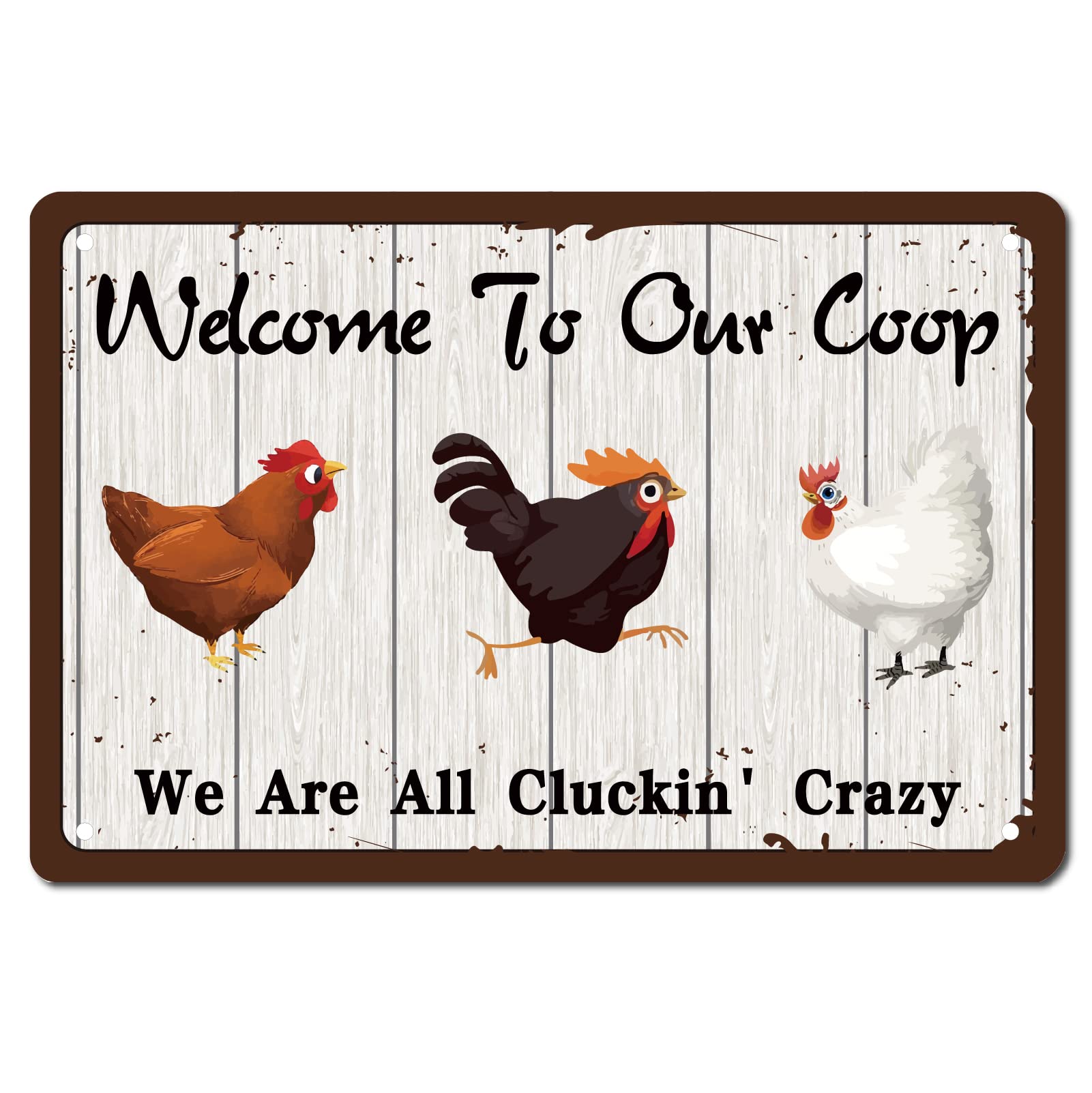 CREATCABIN Chicken Rooster Metal Tin Sign Welcome To Our Coop We Are All Cluckin' Crazy Funny Poster Plaques with Quotes Vintage Wall Hanging Decor for Farm Farm Yard Farmhouse Home Living Room