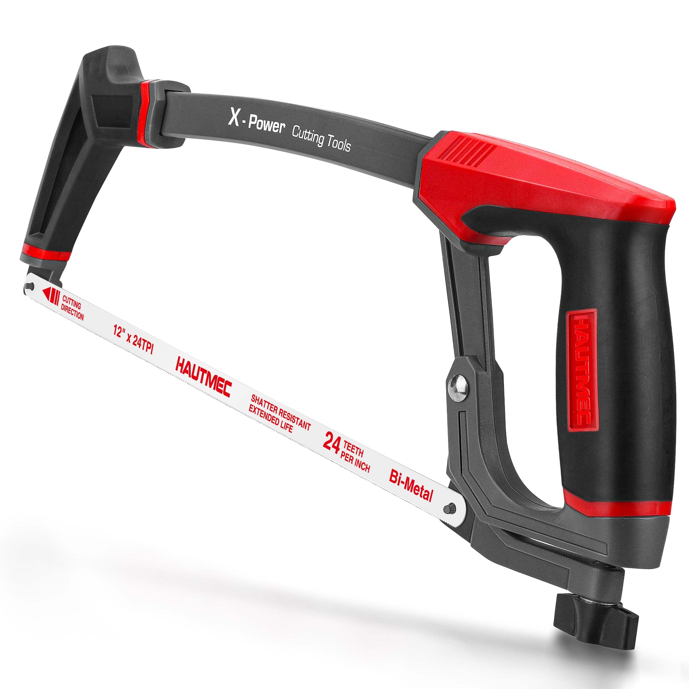 HAUTMEC 300mm Heavy-Duty Hacksaw with High-Tension Solid Aluminium Frame, 45°/90° Dual Cutting Angles, Quick Blade Change,24 TPI Bi-Metal Blade for Heavy-Duty Cutting – HT0146