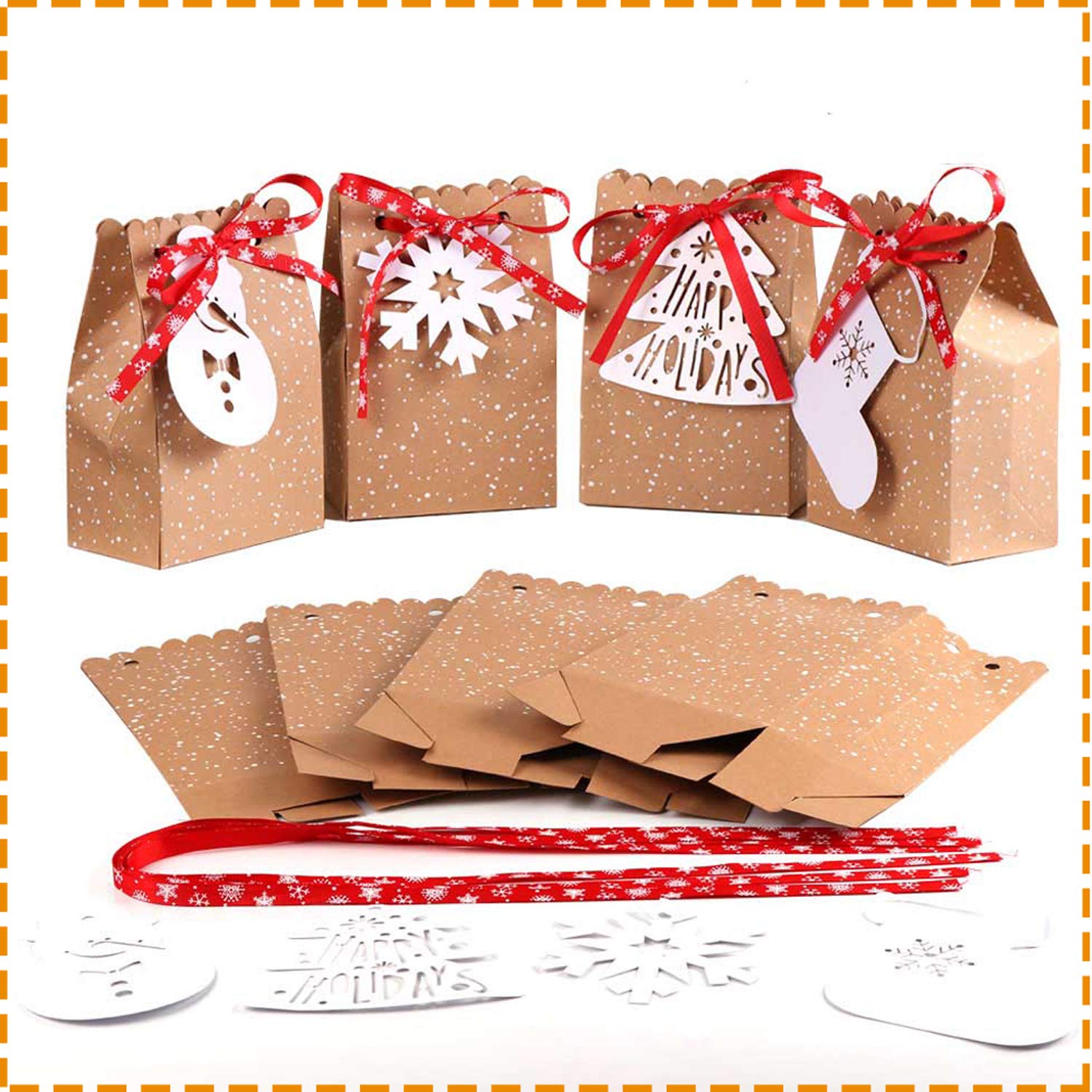 OurWarm 24pcs Christmas Gift Boxes, Kraft Paper Favor Bags Christma Party Bags with Holiday Tags for Xmas Party Decorations Supplies, 4 Style