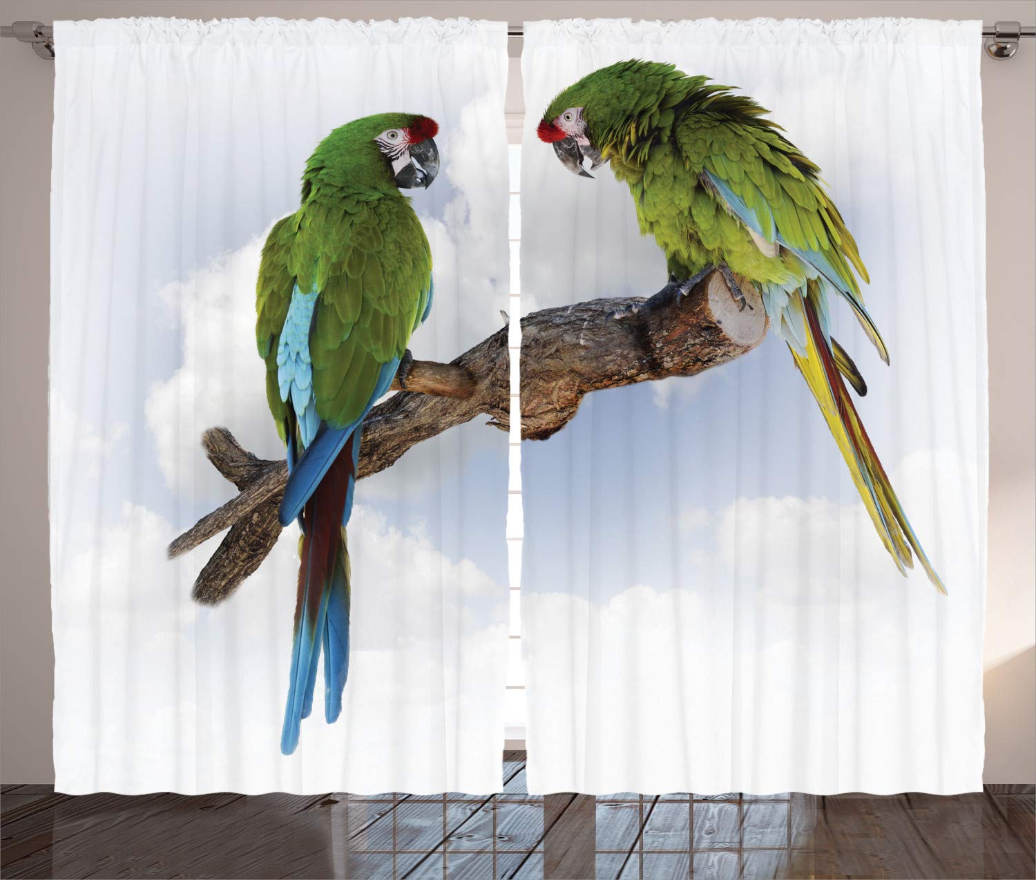 ABAKUHAUS Parrot Curtains, 2 Parrot Macaw on a Branch Talking Birds Clever Creatures of the Nature, Living Room Bedroom Window Drapes 2 Panel Set, 280 x 245 cm, Brown Green White