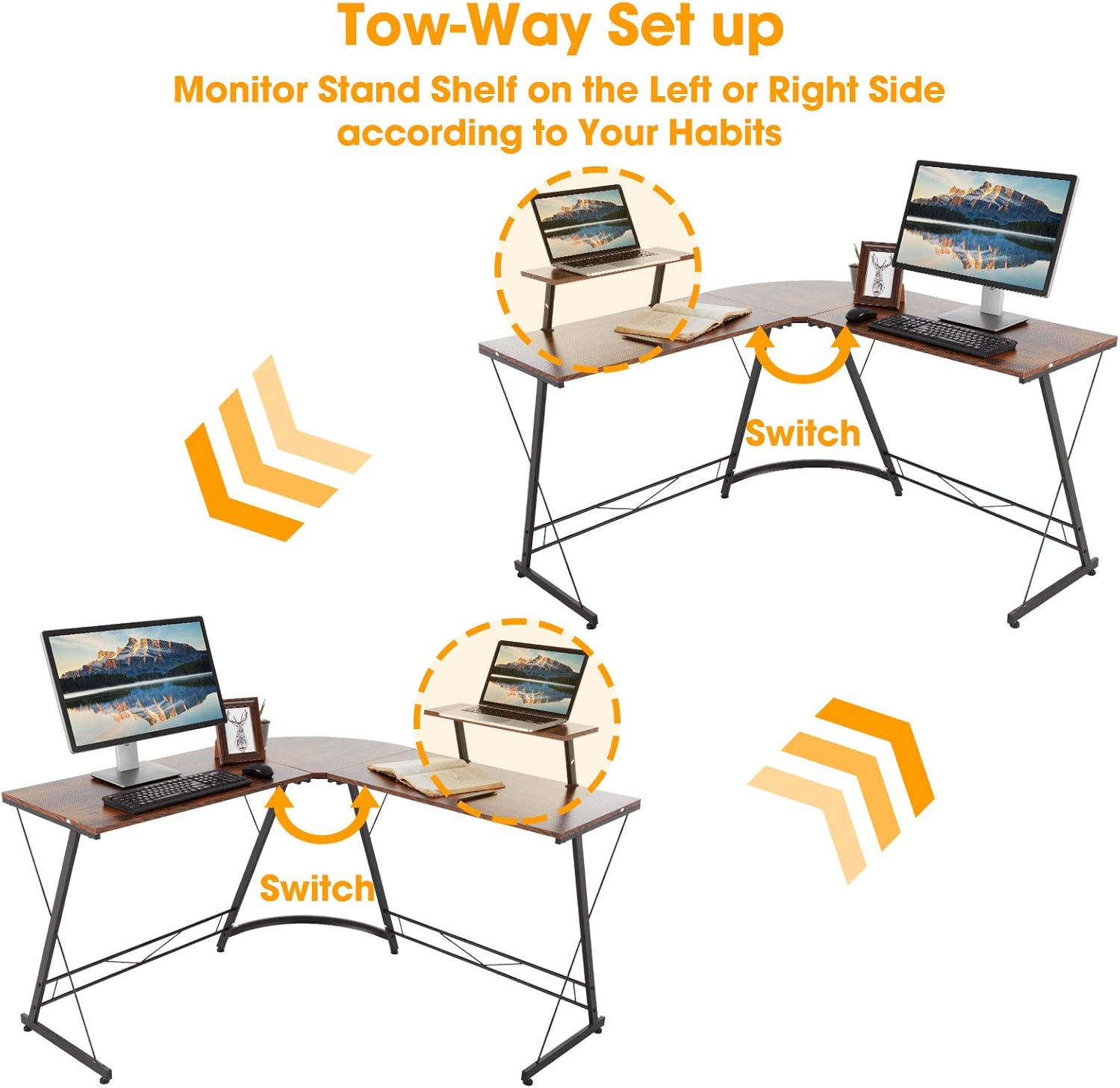 SERWALL L-Shaped Corner Desk 50.8" Computer Gaming Desk PC Table with Monitor Stand, Home Office Writing Workstation with Small Table, Space Saving- Brown: Kitchen & Dining