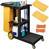 YITAHOME 3-Shelf Cleaning Carts on Wheels, Black Janitorial Cart | 3-Shelf Commercial Traditional Plastic Housekeeping Cart, with 2 Yellow 25 Gallon Vinyl Bag and Pair of Rubber Gloves