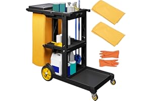 YITAHOME - Commercial Traditional 3-Shelf Cleaning Cart on Wheels, Plastic Cleaning Cart, with Two 25 Gallon Yellow Vinyl Bag