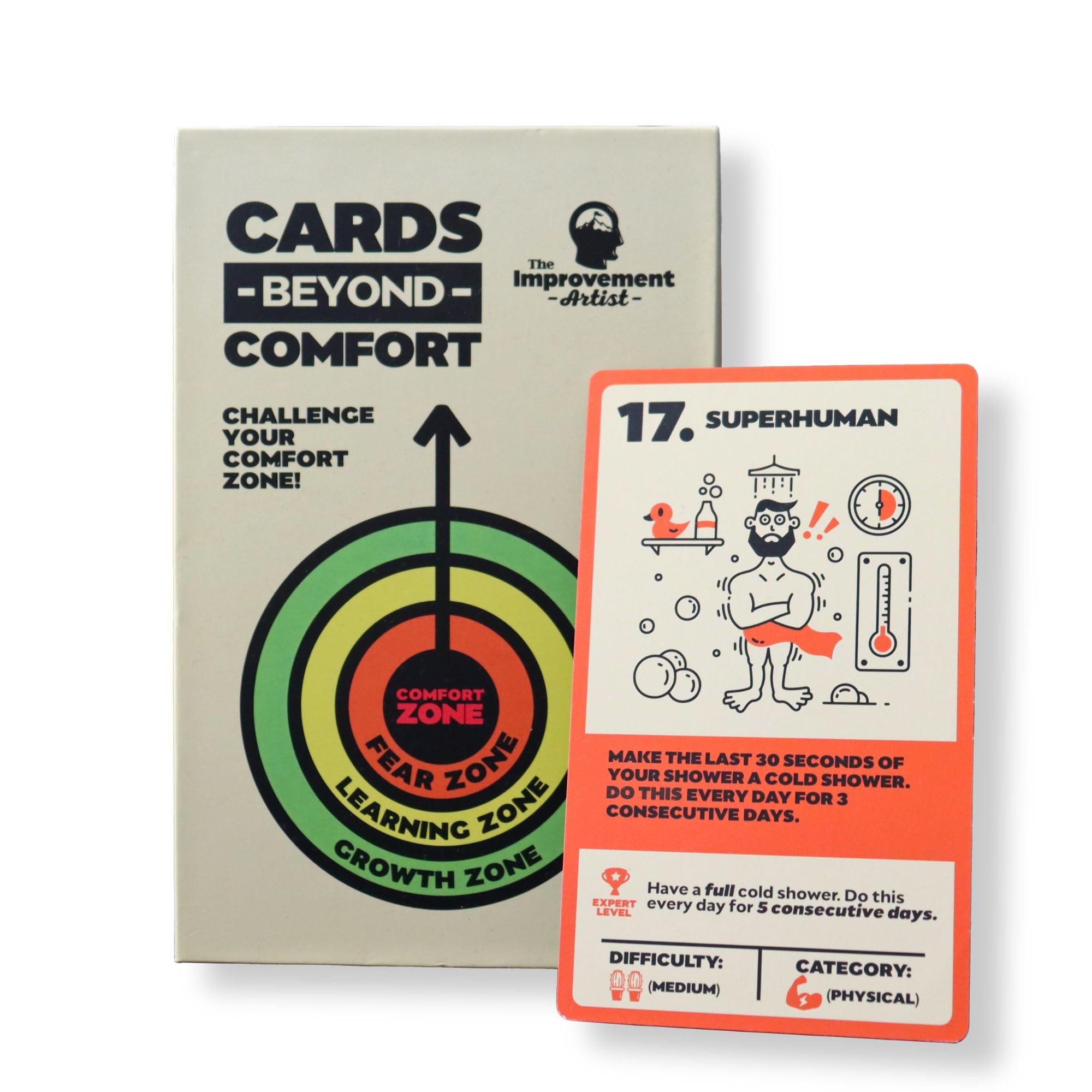 Cards Beyond Comfort - 52 Challenges For Mental Health, Mindfulness, Motivation, Self Improvement, Fitness & Self Care | Relieve Anxiety, Stress, Improve Wellbeing