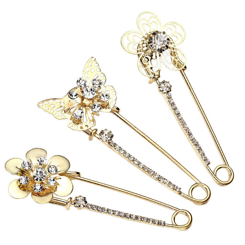 JSDDE Holiday Gift Pack of 3 Women Fashion Rhinstone Crystal Accented Golden Safety Pin Jewelry Brooch Breastpin - Catch Scarf ,Lapel or Collar(#16)
