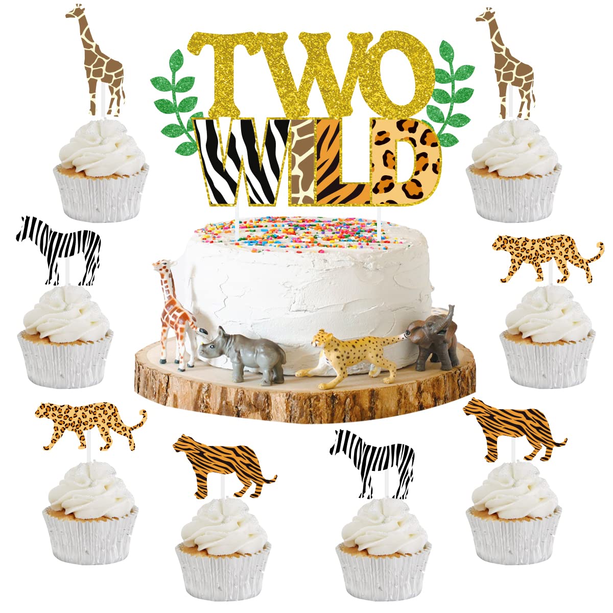 Sursurprise Two Wild Cake Topper Jungle Animals Cupcake Toppers, Safari Animal Second Birthday Decorations Zoo Themed 2nd Birthday Party Cake Supplies