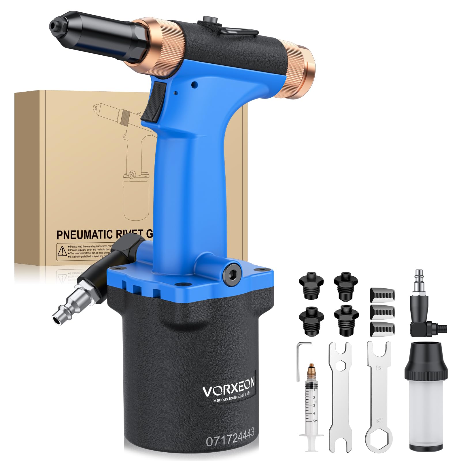VORXEON Pneumatic Rivet Gun Light-Weight 2205 lbf 1000 kgf Pull.Air Rivet Gun Set with 4 Replaceable nozzles (3/32", 1/8", 5/32", 3/16"). 360° rotatable air Fitting. Ideal for DIYers and pros.