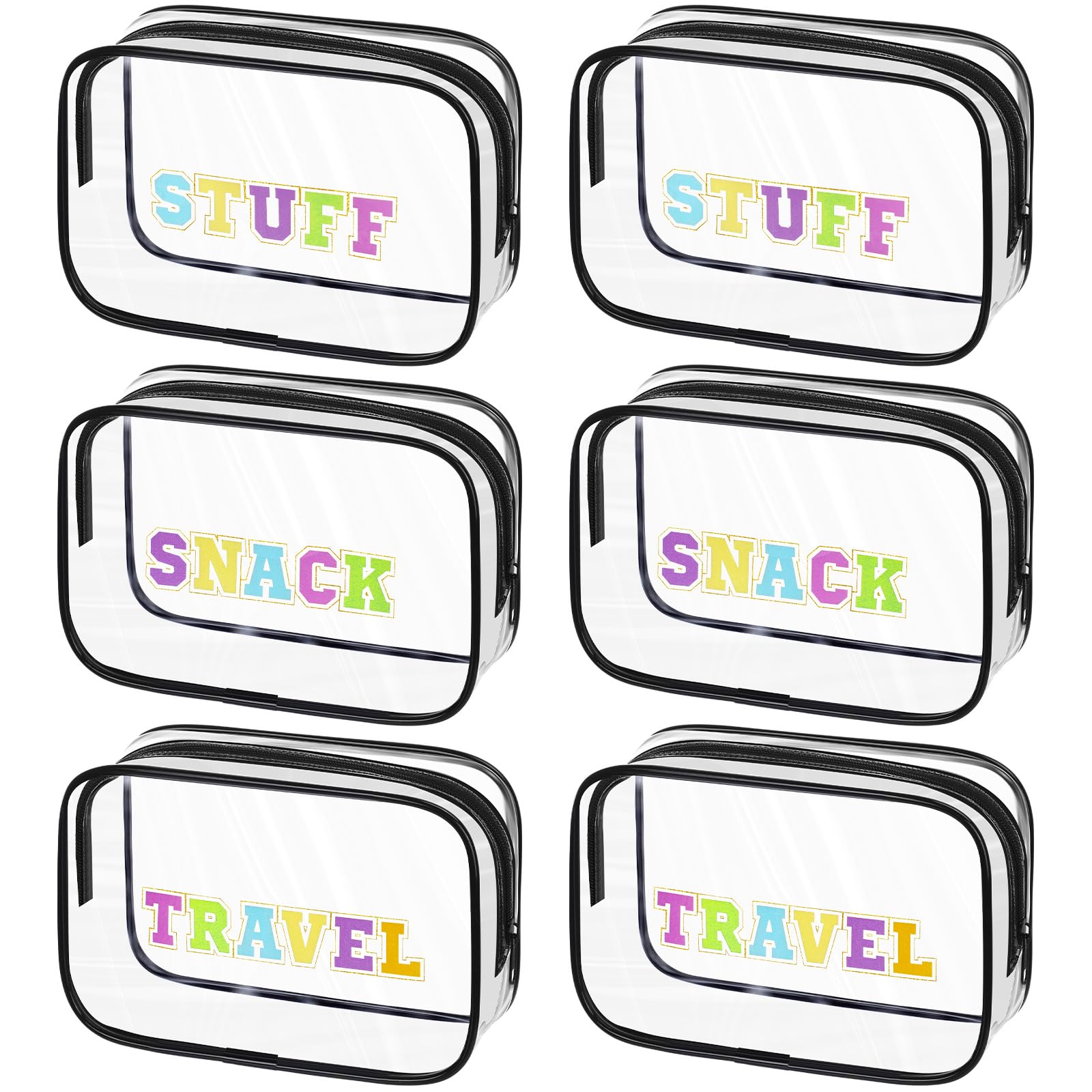 Photo 1 of *2 pack* Capoda 6 Pcs Clear Toiletry Bags Waterproof Snack Stuff Travel PVC Makeup Pouches Small Chenille Letter Printed Bags With Zipper for Women Gifts Travel Supplies