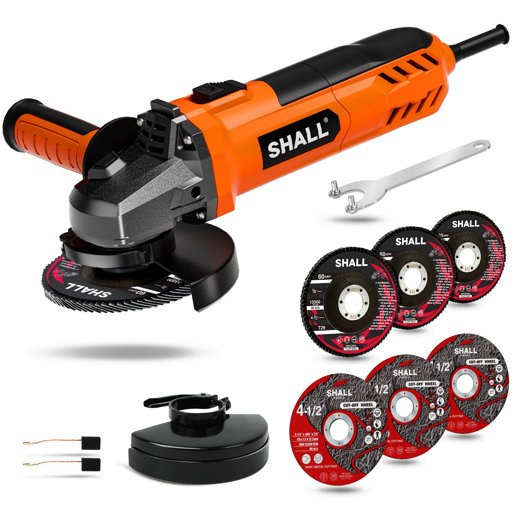 Photo 1 of SHALL 7.5Amp 4-1/2 Inch Angle Grinder, 12000 RPM Electric Grinder Power Tool with 2 Guards, 3 Cutting Wheels, 3 Discs, Non-Slip Handle and Carbon Brush for Metal and Wood (Orange)