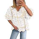 Cicy Bell Womens Summer Floral Babydoll Tops V Neck Short Lantern Sleeve Shirts Cute Loose Fit Flowy Blouses