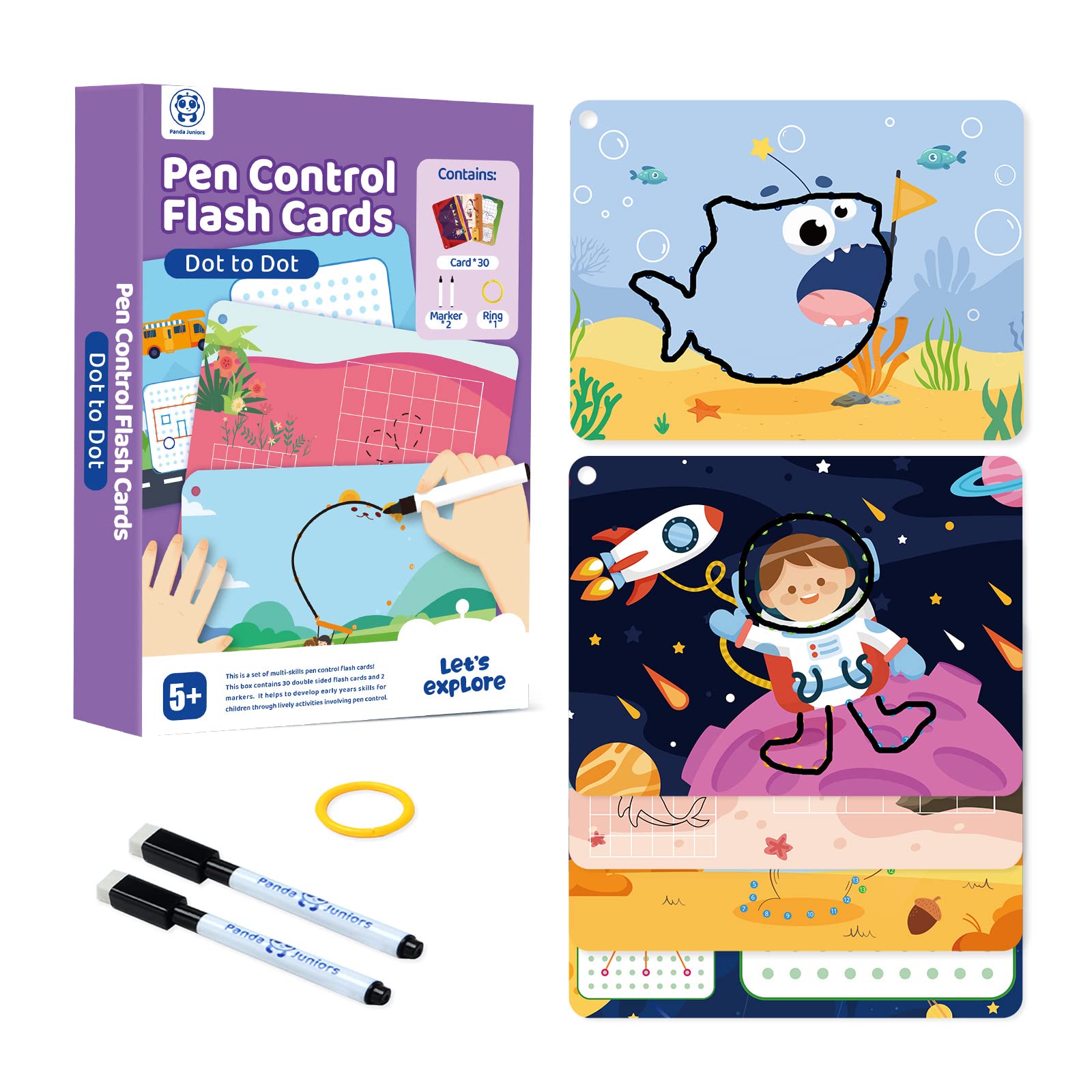 Panda Juniors Dot to Dot Flash Cards for Kids Ages 5+ | Reusable Write & Wipe Number Tracing Cards | Large Educational Set with 2 Markers & Ring – Preschool Learning Toy (30 Double-Sided Cards)