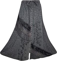 Mogul Interior Womens Black Maxi Skirt Button Down Embroidered Enzyme Wash Bohemian Flare Skirt S/M