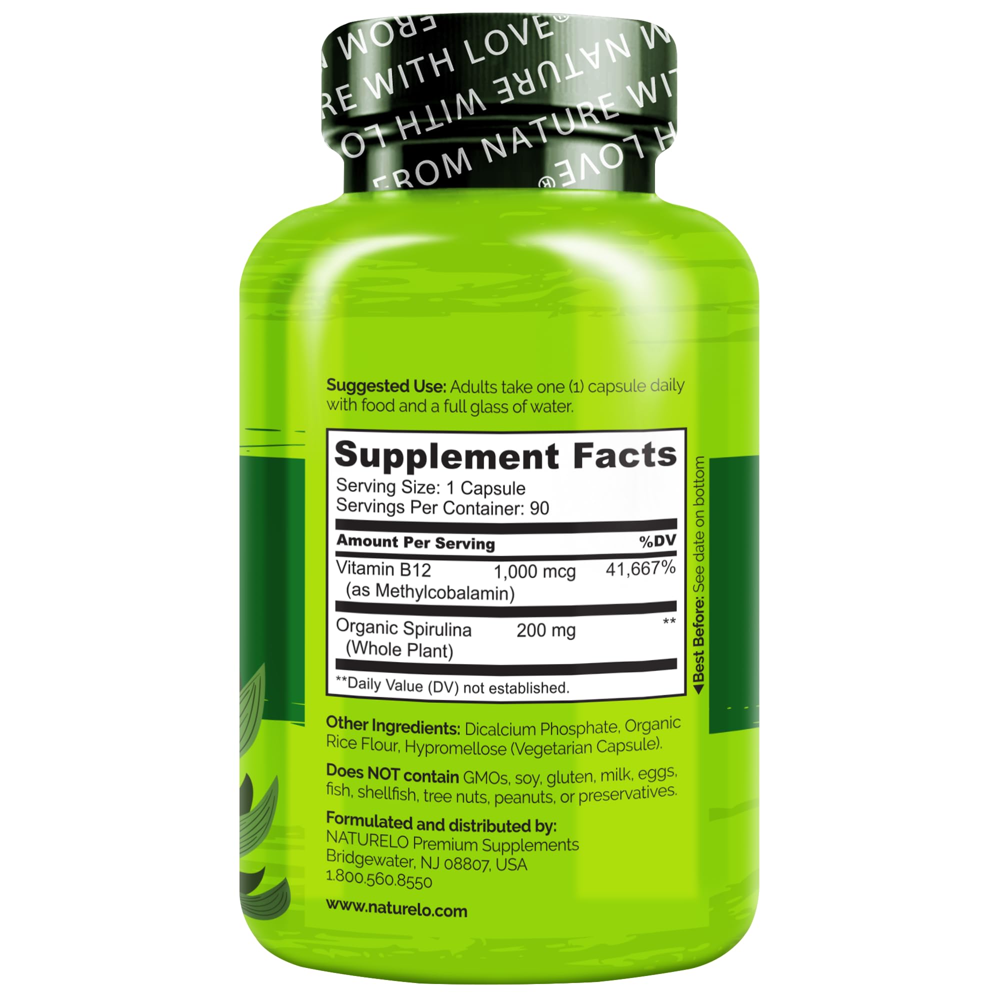 NATURELO Vegan B12 - Methyl B12 with Organic Spirulina - High Potency Vitamin B12 1000 mcg Methylcobalamin - Supports Healthy Mood, Energy, Heart & Eye Health - 90 Capsules
