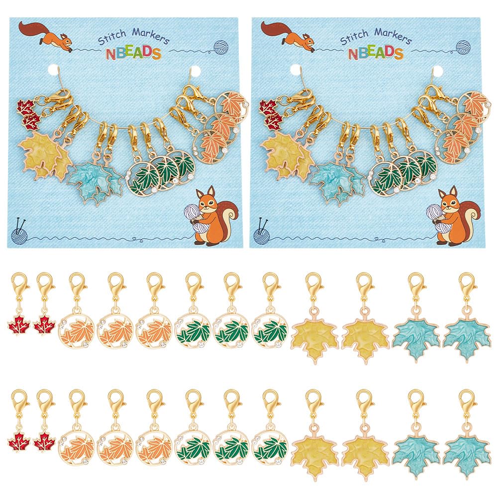 NBEADS 24 Pcs Leaf Pendant Stitch Markers, Enamel Crochet Stitch Marker Removable Lobster Claw Clasps Locking Stitch Marker for Knitting Weaving Sewing Jewelry Making