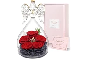 Yamonic Mom Birthday Gifts for Mom Women, Glass Angel Figurines with Five Real Rose Gifts for Her Mom Grandma, Preserved Flowers Rose Angel Gifts for Mothers Day Christmas Anniversary Birthday (Red)
