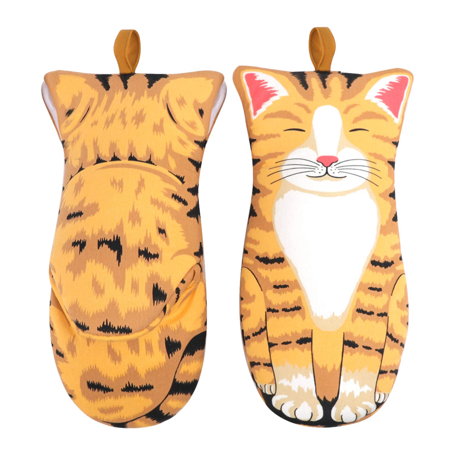 FakeFace 1 Pair 3D Cartoon Cute Cat's Claw Oven BBQ Gloves, Long Cotton Thick Baking Insulation Microwave Heat-Resistant Non-Slip Kitchen Gloves Big Orange Cat