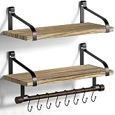 Love-KANKEI 17.3"Floating Wall Shelves Set of 2,Solid Wood,Carbonized Black | Coffee Bar,Spice Rack,Towel Bar/8 Hooks,39 Lbs/shelf,Easy to Install,For Kitchen,Bathroom,Living Room,Bedroom,Office,Entryway