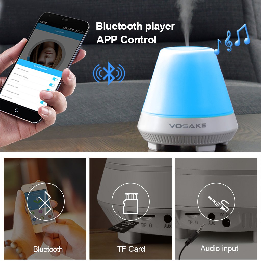 3-in-1 Cool Mist Humidifier Bluetooth Speaker Lamp, Smart Aroma Essential Oil Diffuser, VOSAKE Ultrasonic 300ml Mist Humidifier with 7 Color Lights Changing, Bluetooth Aroma Humidifier, Waterless Auto Shut-off & Timing, Alarm, 1-6 Hour Time