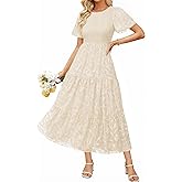 BerryGo Womens Summer Chiffon Midi Dress Short Sleeve Flowy Smocked Crewneck A Line Tiered Wedding Guest Dresses 2026