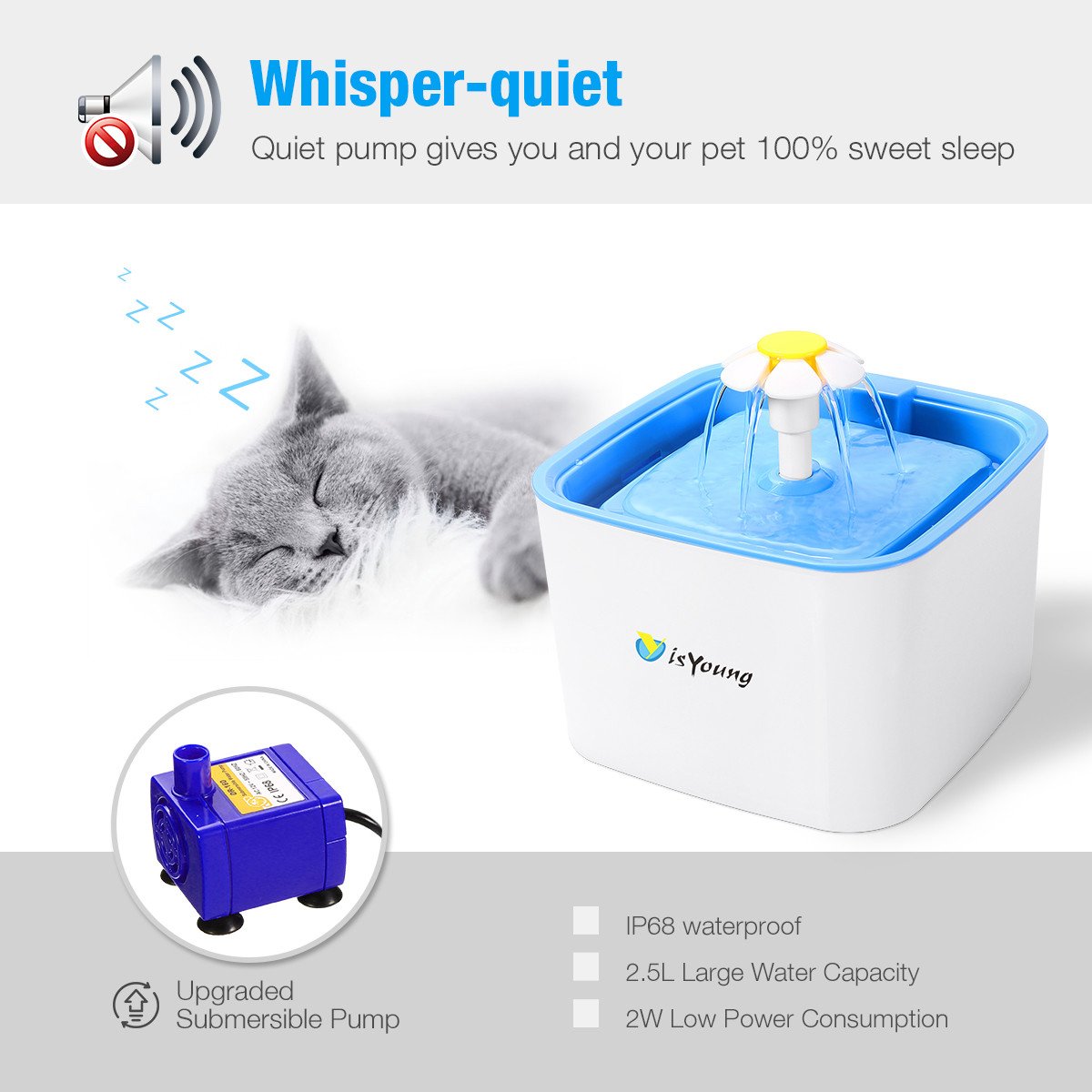 isYoung Pet Water Fountain, 2.5L Healthy Hygienic Cat Drinking Fountain, Super Quiet Flower Automatic Electric Water Dispenser 2 Replacement Filters Dogs, Cats, Birds Small Animals