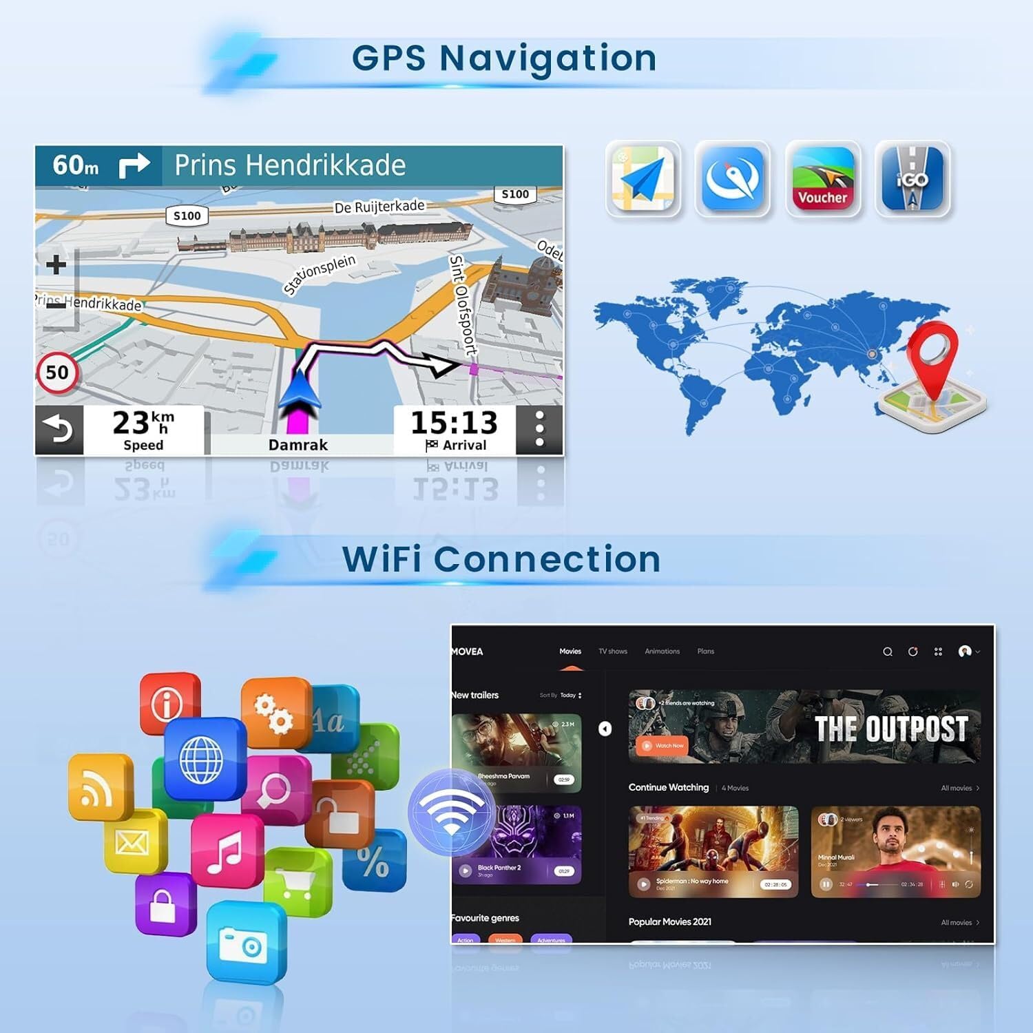 Image showing the car stereo display with a GPS navigation map, along with icons for various navigation apps and a world map, indicating WiFi connection capability.