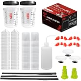 Disposable Paint Cups for Spray Gun,Mixing Cups 12 Ounce (350ml) Kit with 50 Liners and Lids with Strainer System for HVLP&amp;LVLP,2 Hard Cups with Retainer Ring,20 Plugs,3 Caps,2 Adapters,1 Wash Bottle
