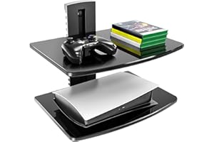 FITUEYES 2 Tiers Floating Shelves for Wall Under TV DVD Shelf Wall Mount Shelves Hold up to 22lbs Tempered Glass for PS4, Xbox, Game Console and Cable Box Black