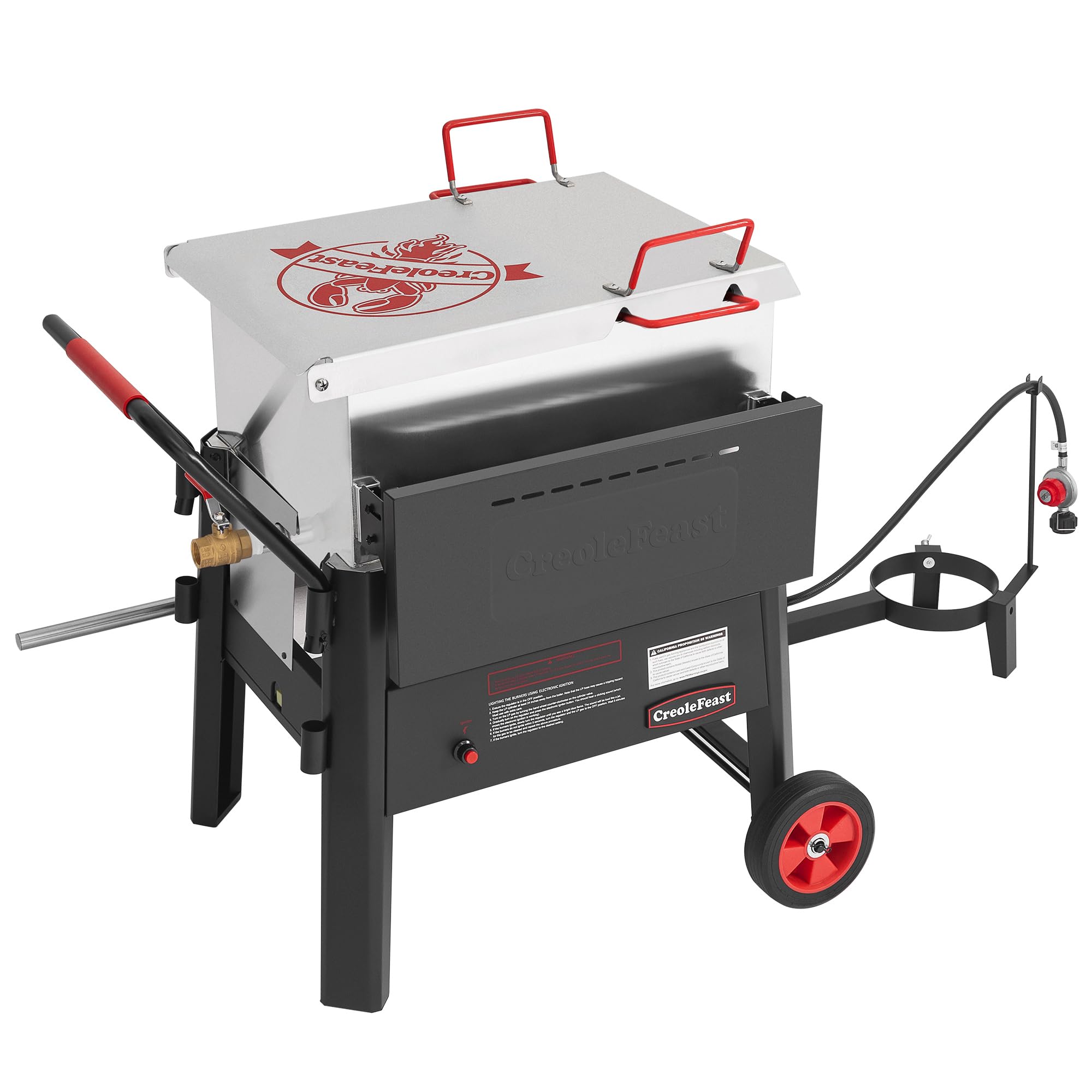 Photo 1 of *****FACTORY SEALED**** Creole Feast CFB3001 70 QT Outdoor Crawfish Boiler with Stir Paddle & Wheels, Heavy-Duty Seafood Boiler with Foldable Cylinder Bracket for Cajun Boils, Shrimp, Crab, and More, Silver & Black