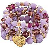Pingyongchang Stackable Beaded Bracelets for Women Multi-Layer Mixed Color Beaded Stretch Bracelet Crystal Stone Heart Letter Gold Charm Gemstone Bangles for Women Men Boho Summer Beach Jewelry