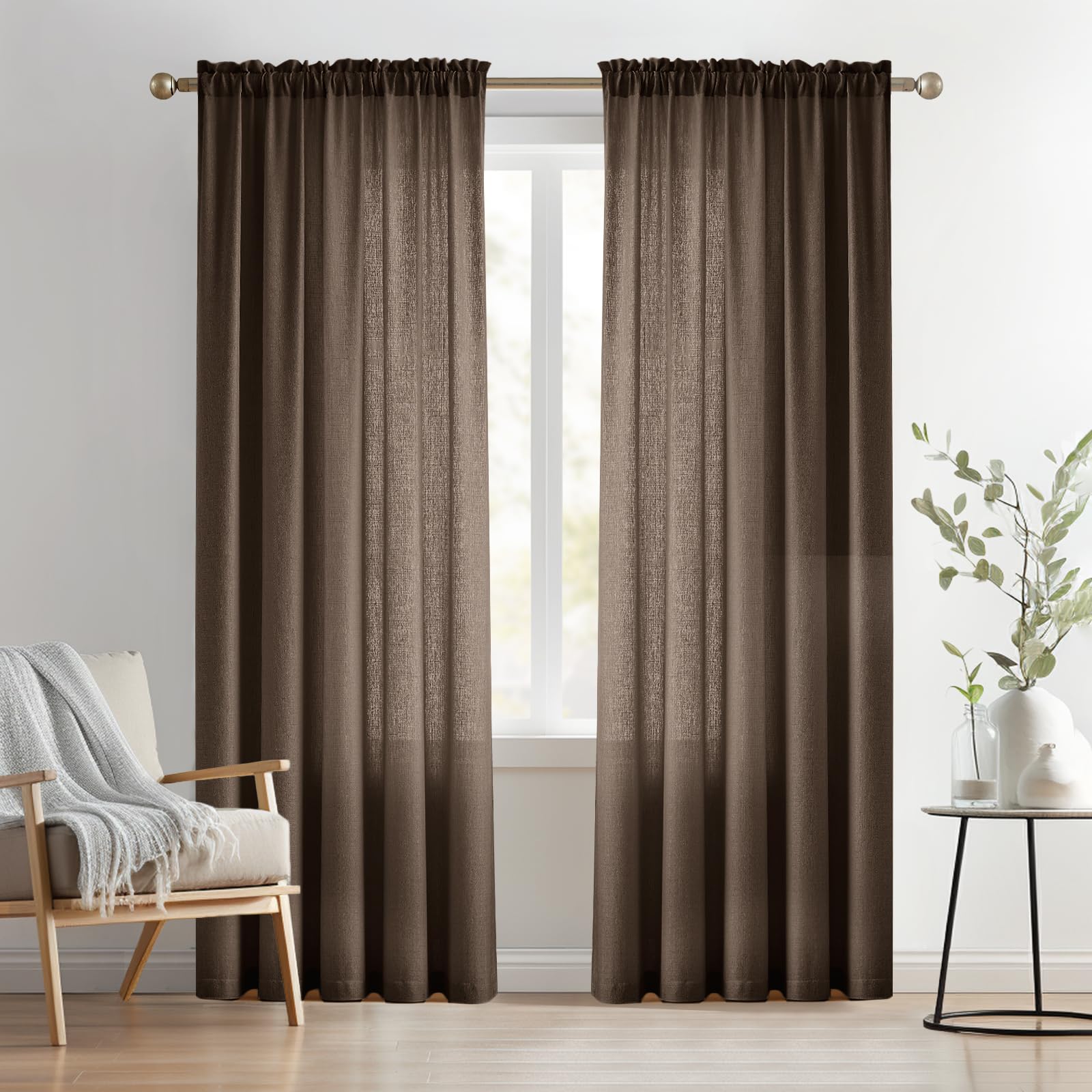 Melodieux Dark Brown Semi Sheer Curtains 63 Inch Length for Bedroom Living Room, Farmhouse Linen Texture Light Filtering Home Office Shiny Sheer Drapes Rod Pocket, 52" W x 63" L, 2 Panels