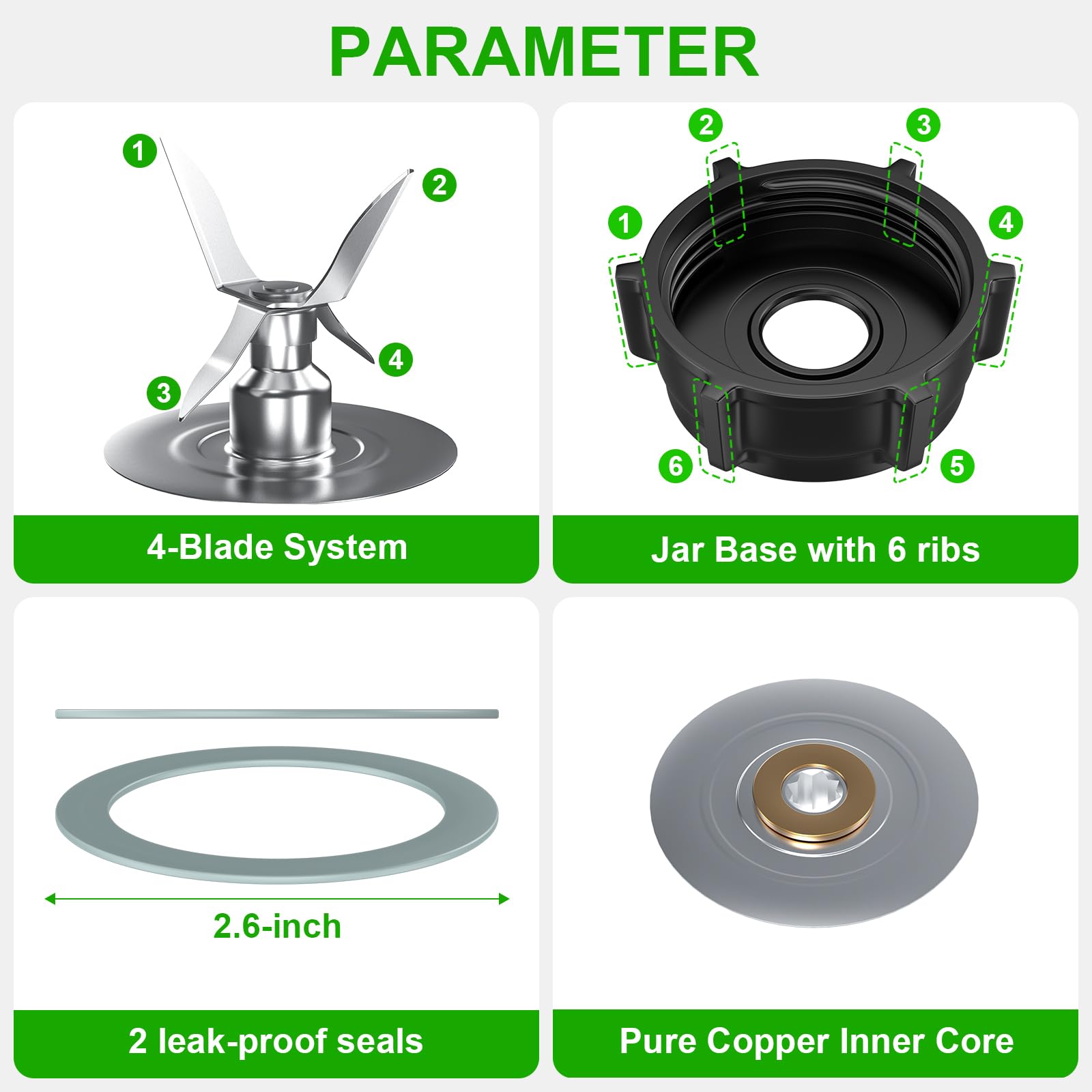 Replacement Parts for Oster Blender Blade Compatible with Oster Blender with ABS Plastics Jar Base Cap and 2 Rubber O Ring Seal Gasket Kit for Oster Blender Replacement Parts