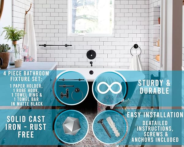 COMFIFY INDUSTRIAL PIPE DECOR SET FOR 4 PIECE BATHROOM FIXTURE SET: 1 PAPER HOLDER, 1 ROBE HOOK, 1 TOWEL RING & 1 TOWEL BAR IN MATTE BLACK – FARMHOUSE BATH ACCESSORIES/W SCREWS & ANCHORS – SQUARE
