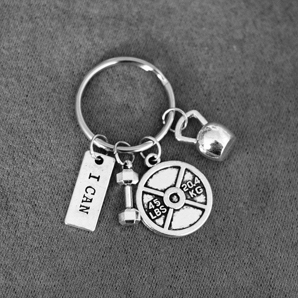 I CAN Keychains with weight plate, kettlebell, dumbbell charms. workout keychains. Fitness keychains. Motivational Exercise. Weight lifting keychains. Gym. Gift for Him. Trainer Gift