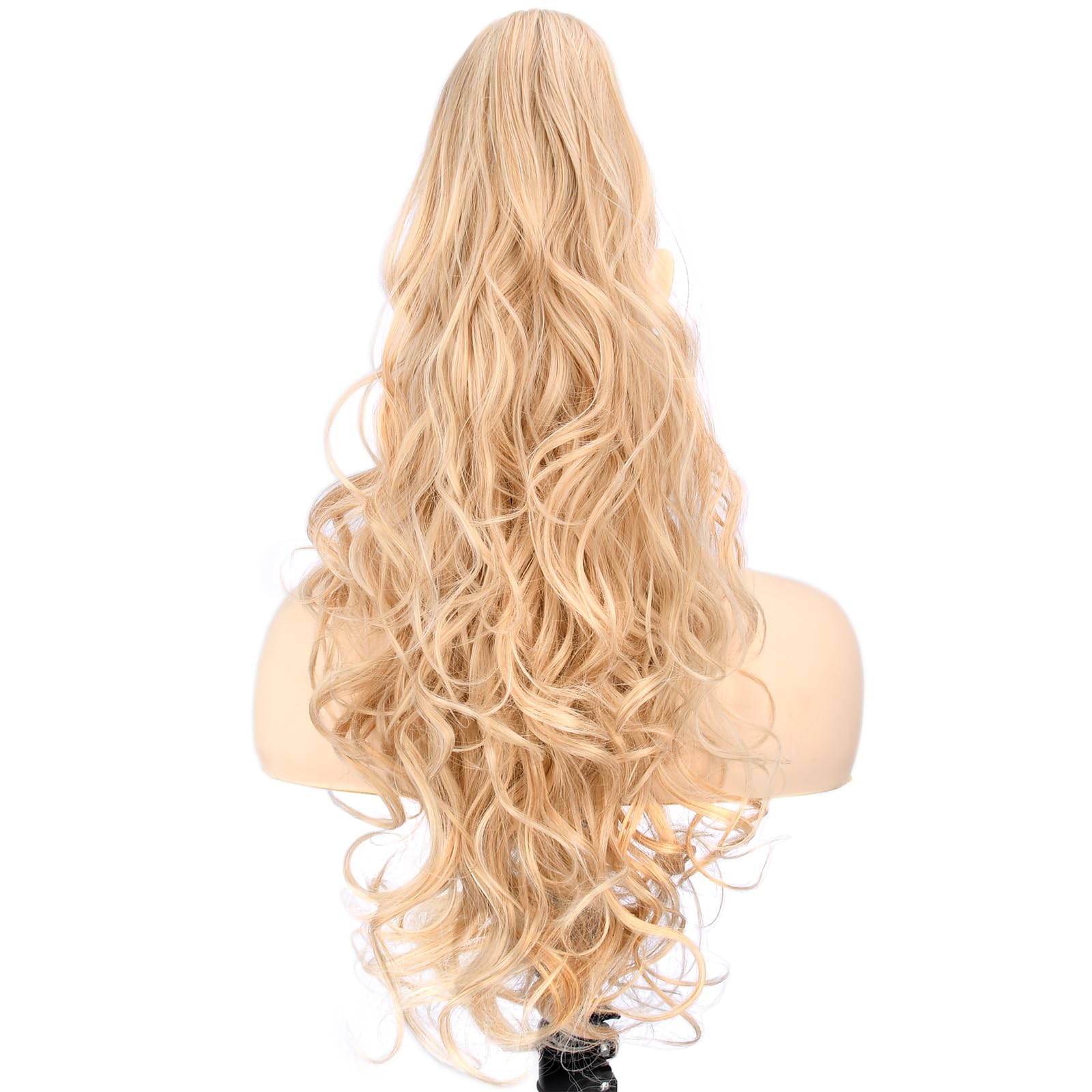BOBIYA 24 Inches Claw Clip in Loose Curly Synthetic Wrap Around Ponytail Extensions Pony Tail Clip In Extensions (Light Honey Blonde)