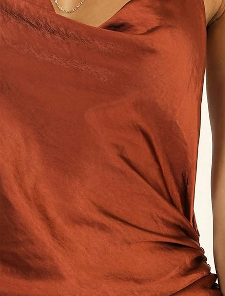 GMEITOEY SATIN JACQUARD COWL NECK STRING ALONG MINI DRESS SIDE RUCHED SILKY SLIP CAMISOLE DRESSES, ORANGE[NEW], X-LARGE