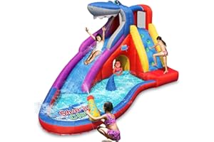ACTION AIR Inflatable Water Slide, Red Shark Bounce House with Slide for Wet and Dry, Playground Sets for Kids Backyard, Water Spray, Water Pool, Durable Sewn with Extra Thick Material