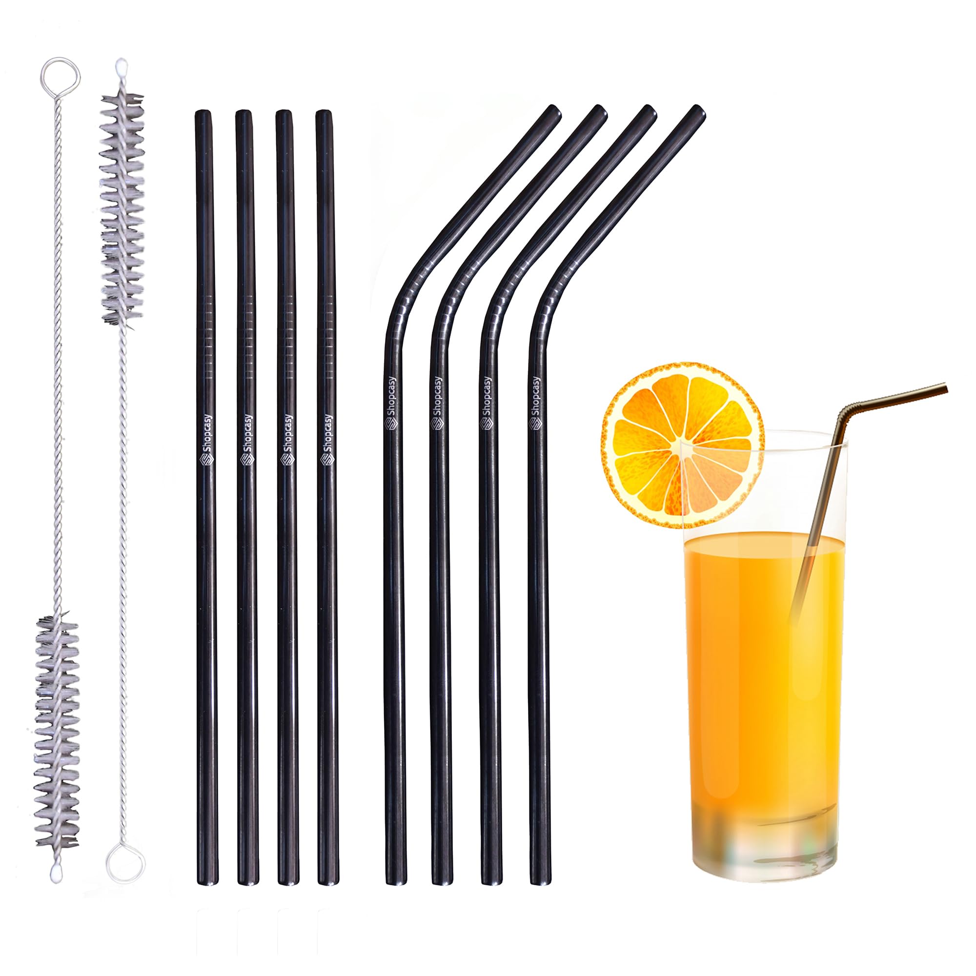 Set of 10 Metal Straws Drinking (4 Straight + 4 Bent + 2 Cleaners), 8.5” Eco-Friendly Reusable Straws | Stainless Steel Drinking Straw for Tumbler, Cocktail with Travel case (Black) — image 1