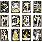 SUNNYCLUE 1 Box 12Pcs 12 Styles Tarot Card Enamel Pin Constellation Brooch Black Gold Metal Zinc Alloy Divination Themed Moon Star Sun Lapel Pins Set for Backpacks Bags Clothing Decor Accessories