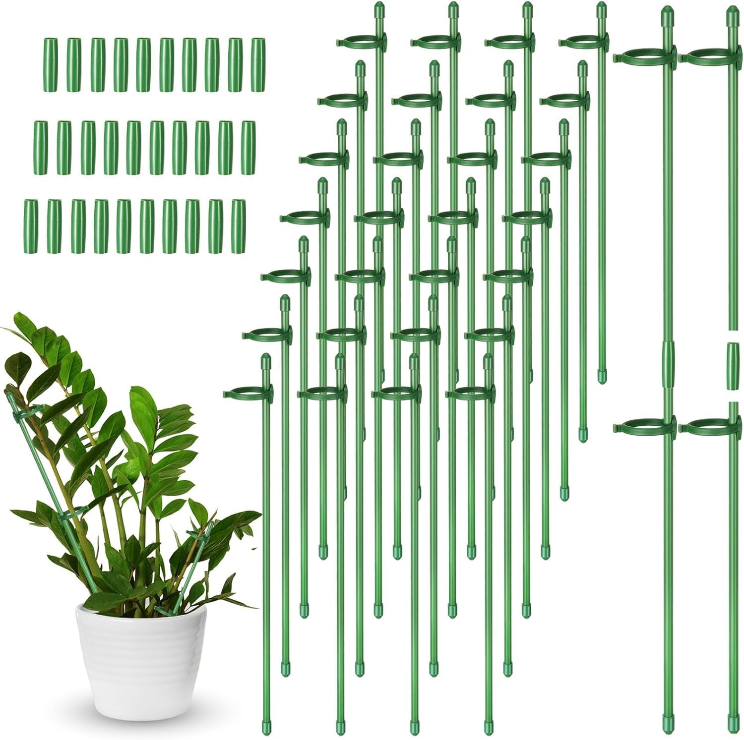KAHEIGN 60Pcs Adjustable Plant Support Stakes, 30CM Extensible Garden Single Stem Support Stake Plant Cage Support Rings with 120Pcs Plant Clips and 30Pcs Connect Pipes for Orchid Rose Tomato Plants