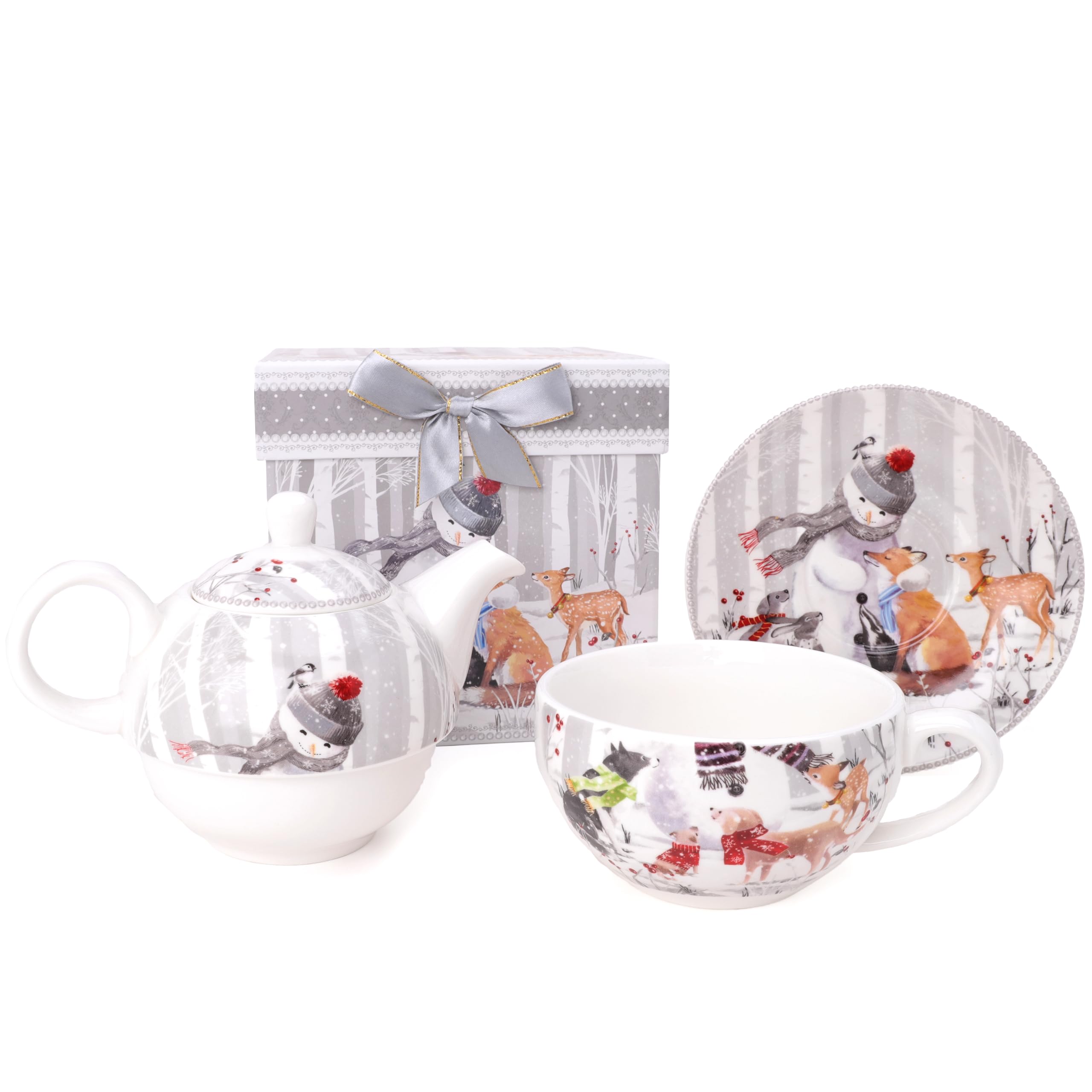 Christmas Concepts® 160mm (6.4") Snowman & Friends Deluxe Ceramic Tableware Range - Tea Set including Teapot, Cup & Saucer With Matching Decorative Gift Box