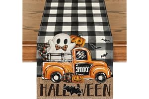 Artoid Mode Buffalo Plaid Bat Pumpkin Ghost Truck Spooky Halloween Table Runner, Sensonal Kitchen Dining Table Decor for Home Party 13 x 72 Inch