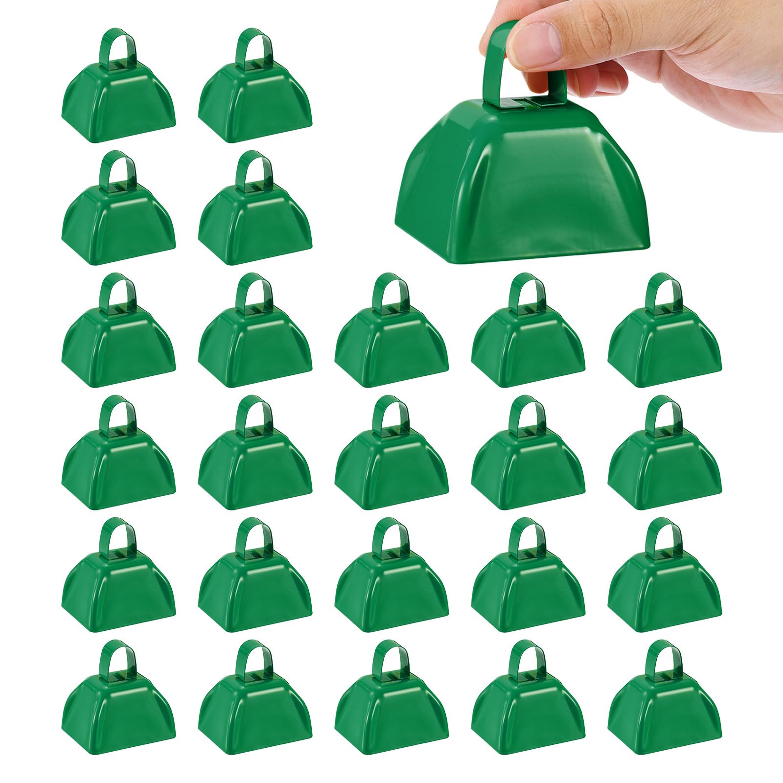 PATIKIL 24pcs Cow Bells for Football Games, 3inch Cowbells for Sporting Events Bulk Loud Noise Makers Metal Cow Bell with Handle for Cheering Wedding,Green