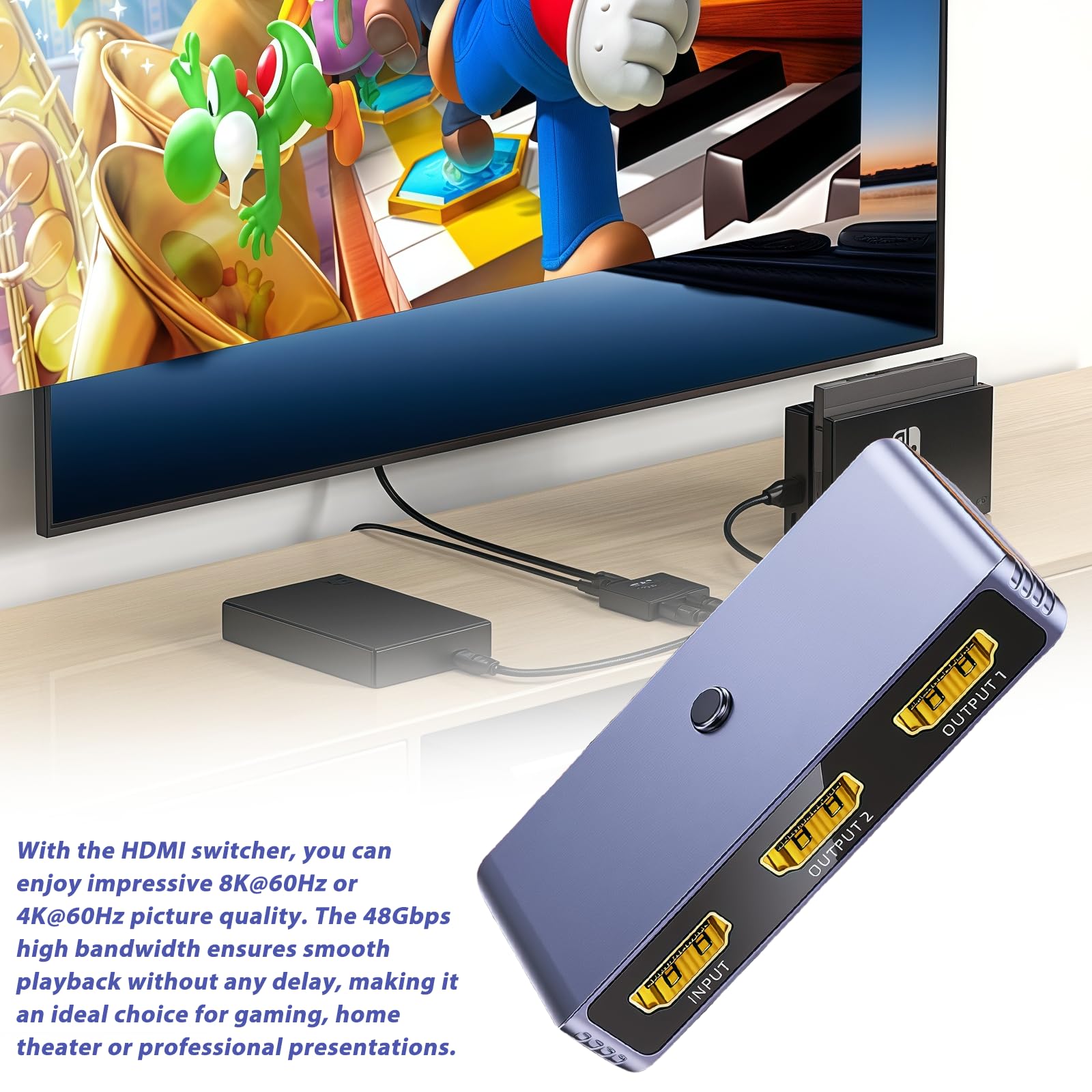 LEKEFETO HDMI Switch 8K 2.1 Umschalter 2 In 1 Out/1 In 2 Out HDMI Splitter Bi-Direktional Adapter für TV PS5 PC Beamer UHD 4K@60Hz Schwarz 6