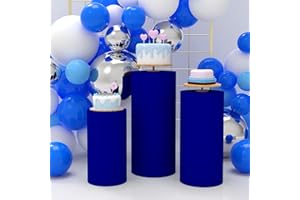 Babenest Royal Blue Cylinder Pedestal Stand Covers Set of 3, Spandex Vintage Round Pedestal Covers, Elastic Cloth Pillar Plinth Cover for Birthday Wedding Party Reception Decoration(Without Stands)