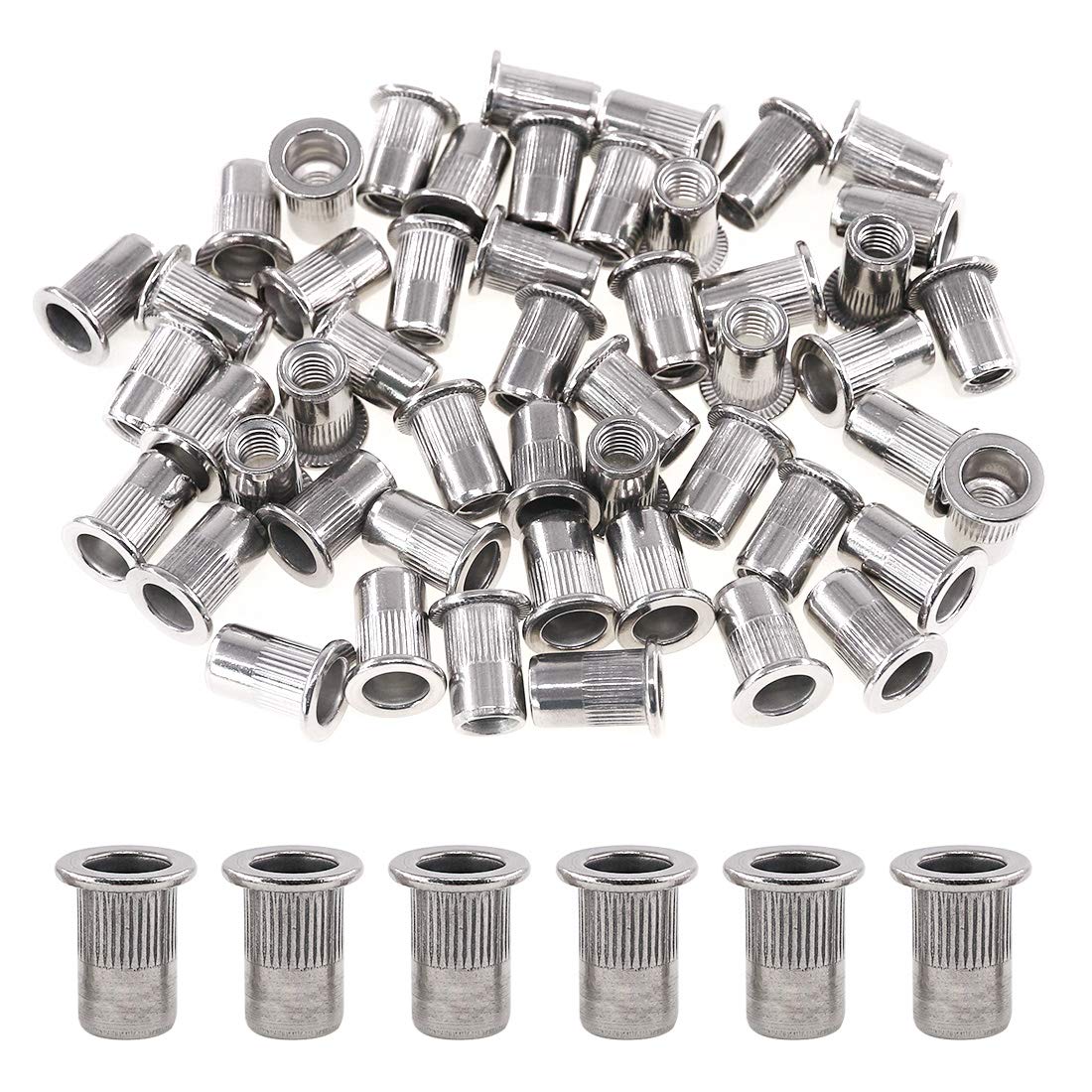 Glarks 50Pcs 304 Stainless Steel M6 Flat Head Threaded Rivetnut Insert Nutsert Rivet Nut Set (M6)